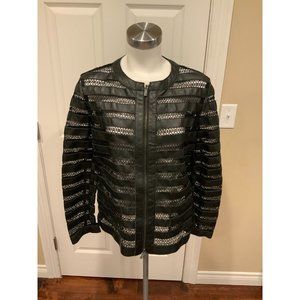 Armani Collezioni Black Leather & Lace Panel Zip-Up Jacket, Size 12 NWT!